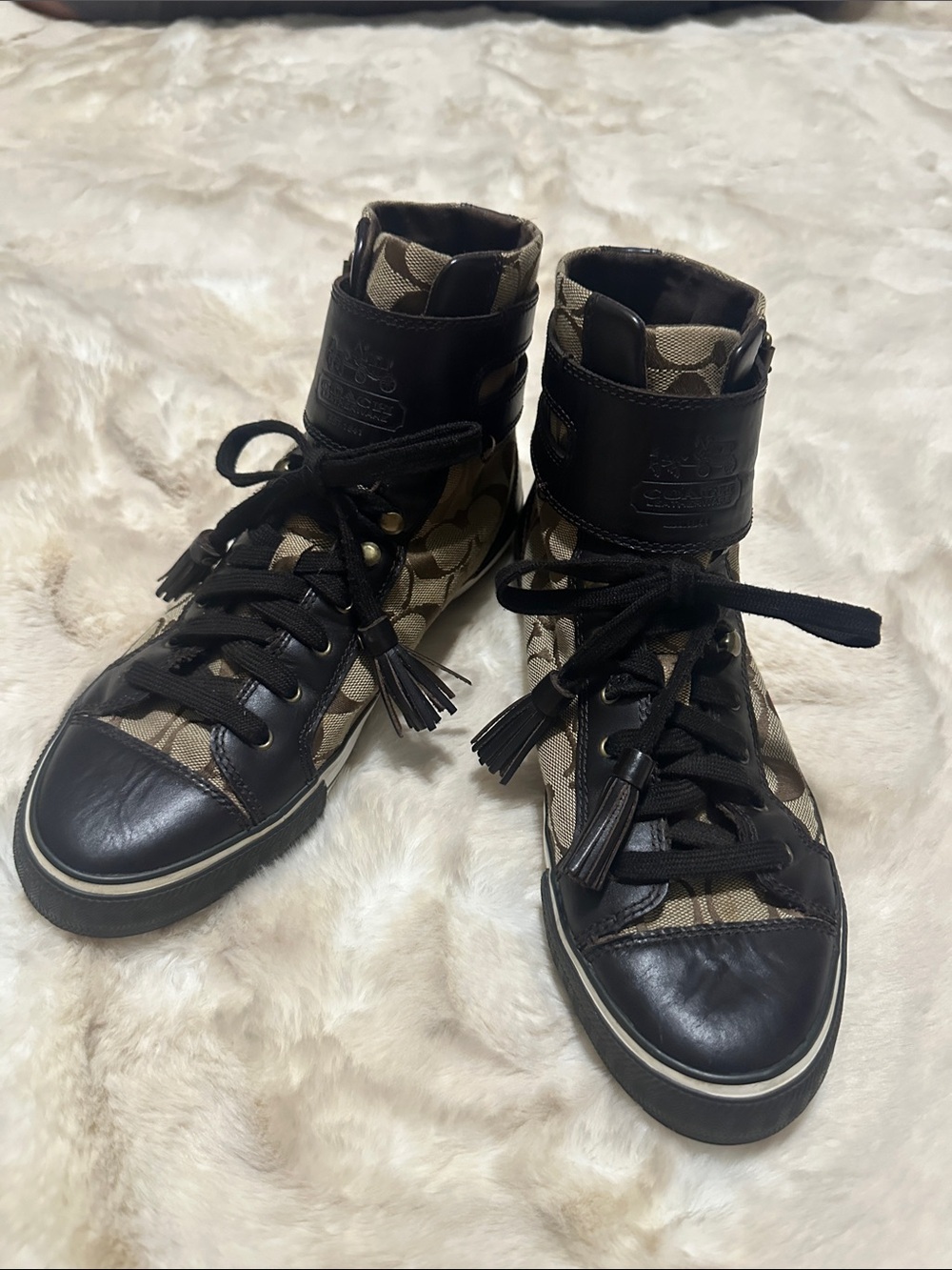 Vintage Coach brown signature monogram canvas and black leather high-top sneaker